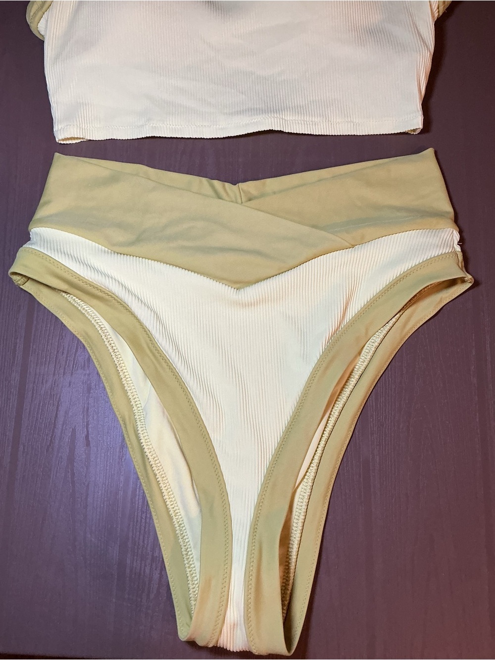 Cream & Light Green Ribbed bikini Set - Picture 3 of 8
